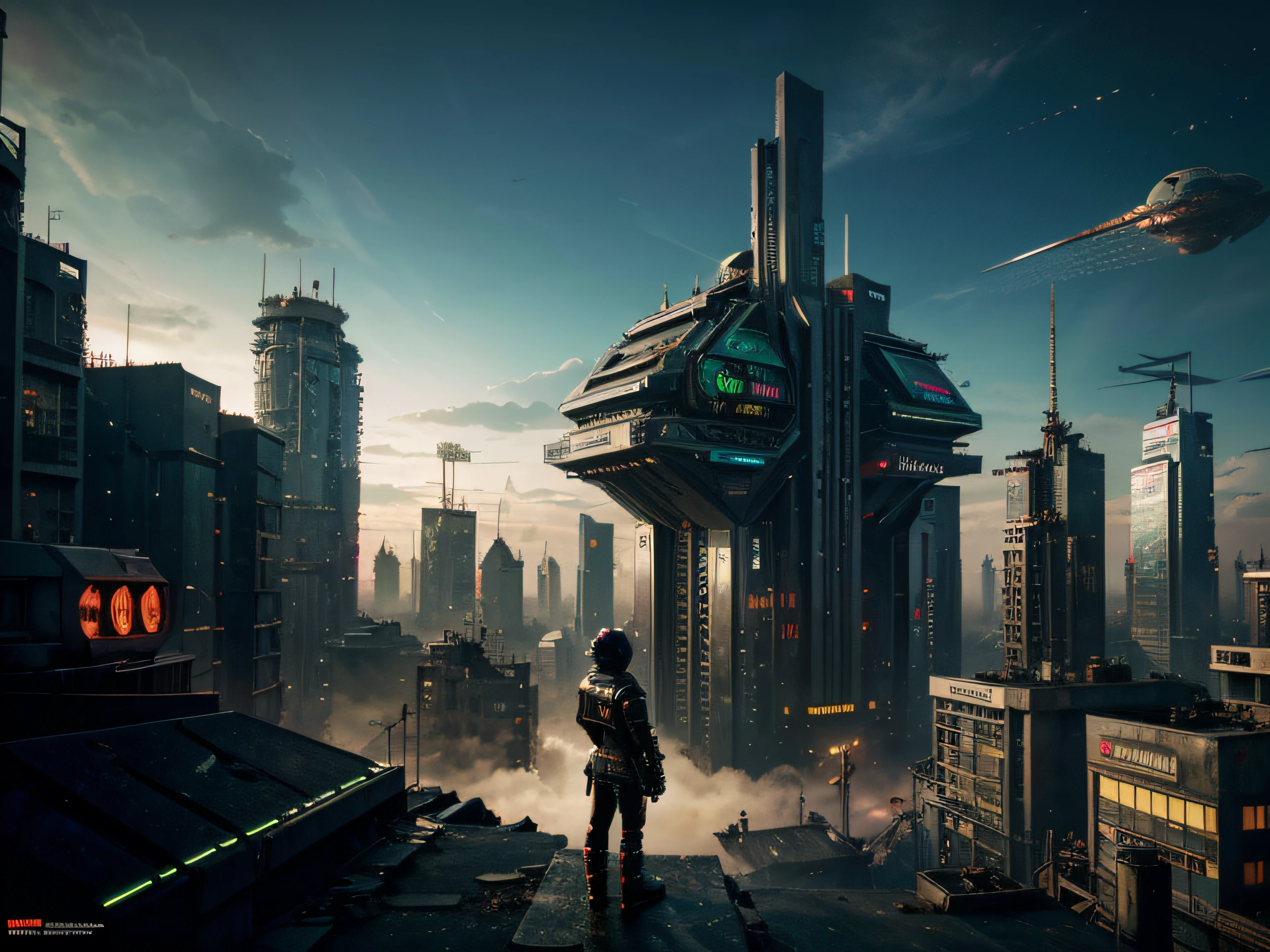 feel good inc, scenic, cyberpunk, futuristic, buildings, post apocalyptic, gorillaz, technology, detailed,