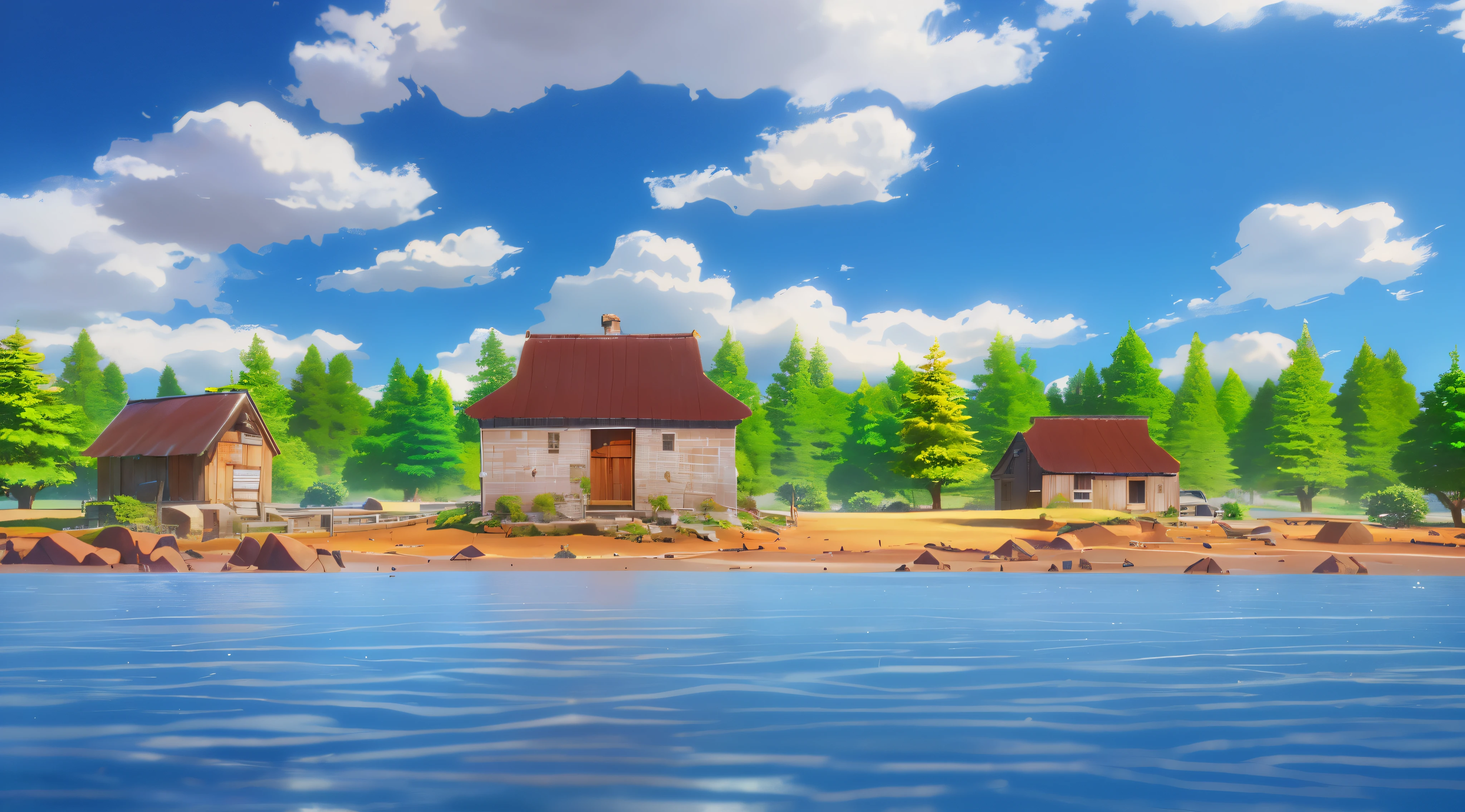 a rendering of a small island with a house and trees, island background, 2 d game environment design, symetrical scene, random background scene, distant village background, huts, floating islands, stylized 3d render, house background, stylized digital illustration, videogame still, procedurally generated, anime, anime style, anime background, 4k, 4kdetailed, 4k anime, 4k anime background,