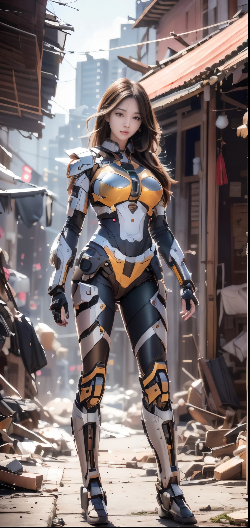 high high quality,8K分辨率,real photograph,A mech girl with long hair,Brown hair,(Large breasts:1.1),ChineseGirl,Tight,navel,The Shitu mecha behind the girl,a gorgeous,Chinese house,war destroyed ruins,Photo by Brandon Wolfmister,Surreal dreams,this is it,usufruct,HDRM professional lighting,photon maping,Radio City,physically-based renderingt,Refined realism,Dynamic and expressive animations for Aray,(Sunnyday:1.2),(Street in the afternoon:1.1)。