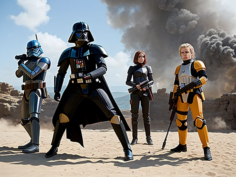 Bataille entre deux clones de Star Wars, un clone rouget et un clone jaune contre Boba Fet et anakyne Skywalker. Epic battle and explosions