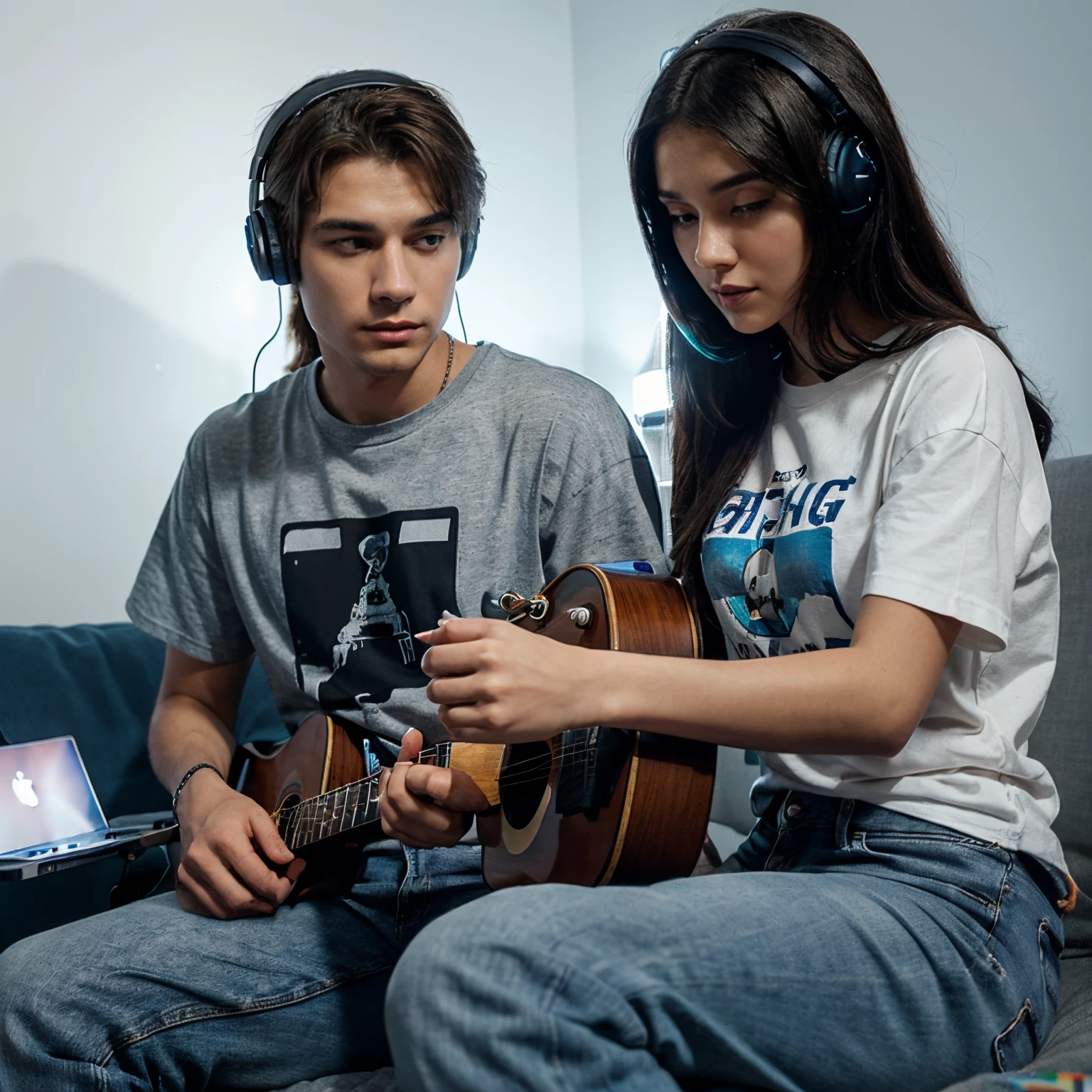 Disney Pixar Poster: A couple is sitting on a spring bed, a young man wearing a blue t-shirt and blue jeans is playing his guitar, and a beautiful woman wearing a gray hijab, long white t-shirt and black jeans is playing on a laptop and headset in front of him. background with colorful light decorations on the wall bearing the name using blue LED lights "SUPREX" and "IRA", looks real 3D animation