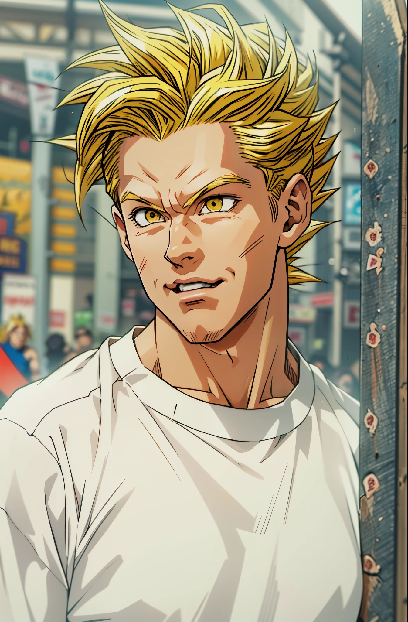 there is a man that is standing by a fence with a cell phone,super saiyan,(blond hair:1.5), ((yellow hair:1.5)),super saiyan goku, super sayan, super sayian goku, super saiyan 3, going super saiyan, dragon ball concept art, dragon ball artstyle, 4 k manga wallpaper, goku from dragon ball, an epic anime of a energy man, 4k anime wallpaper,smile,