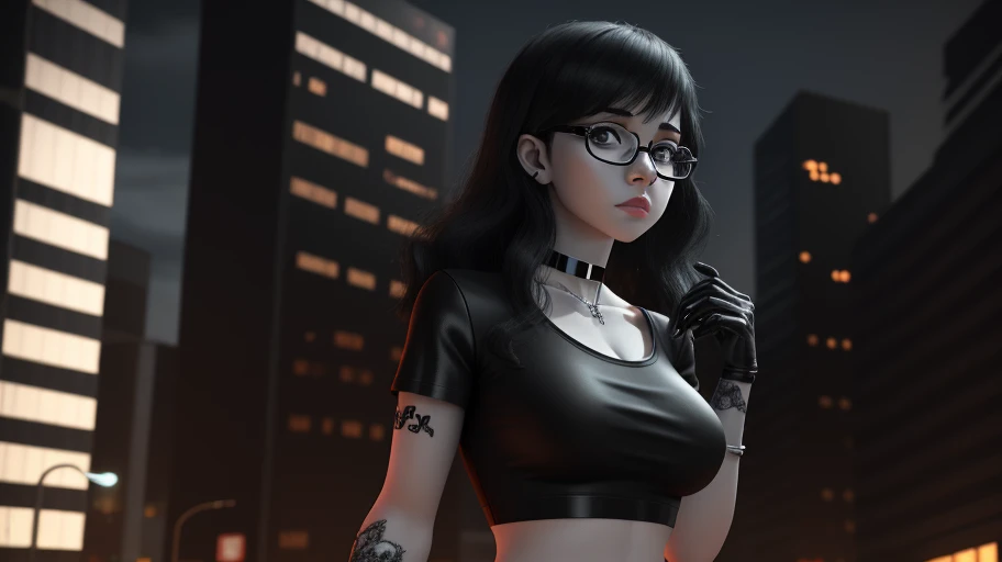 1girl, black hair, white skin tone, glasses, goth, silver star choker, 3d render, black shirt, right hand black glove, opalescent, horror_\(theme\), belts on crop top, city night background