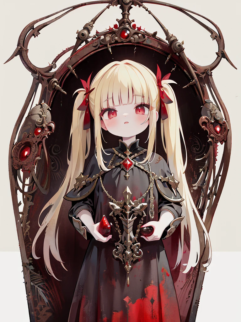 pale young divine gothic priestess, twintails, pure white skin, rust decay, Beautiful full body symmetrical portrait, Delicate blonde hairstyle, crimson eyes, dark red elegant gothic armor, encrusted with red gems, dark cathedral, masterpiece, Highest image quality, super detailing, upscaled, art by Zdzislaw Beksinski, art by H.R. Giger, absurdres, highres, (official art, beautiful and aesthetic:1.2), real, 4k, 8k,