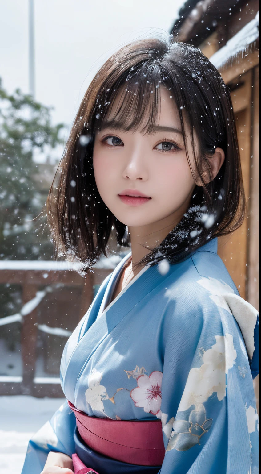 (Kimono)、、(top-quality,masterpiece:1.3,超A high resolution,),(ultra-detailliert,Caustics),(Photorealsitic:1.4,RAW shooting,)Ultra-realistic capture,A highly detailed,high-definition16Kfor human skin、 Skin texture is natural、、The skin looks healthy with an even tone、 Use natural light and color,One Woman,japanes,,kawaii,A dark-haired,Middle hair,(depth of fields、chromatic abberation、、Wide range of lighting、Natural Shading、)、、(Falling snow:1.3)、(Hair swaying in the wind:1.2)、(Snow reflects light:1.3)