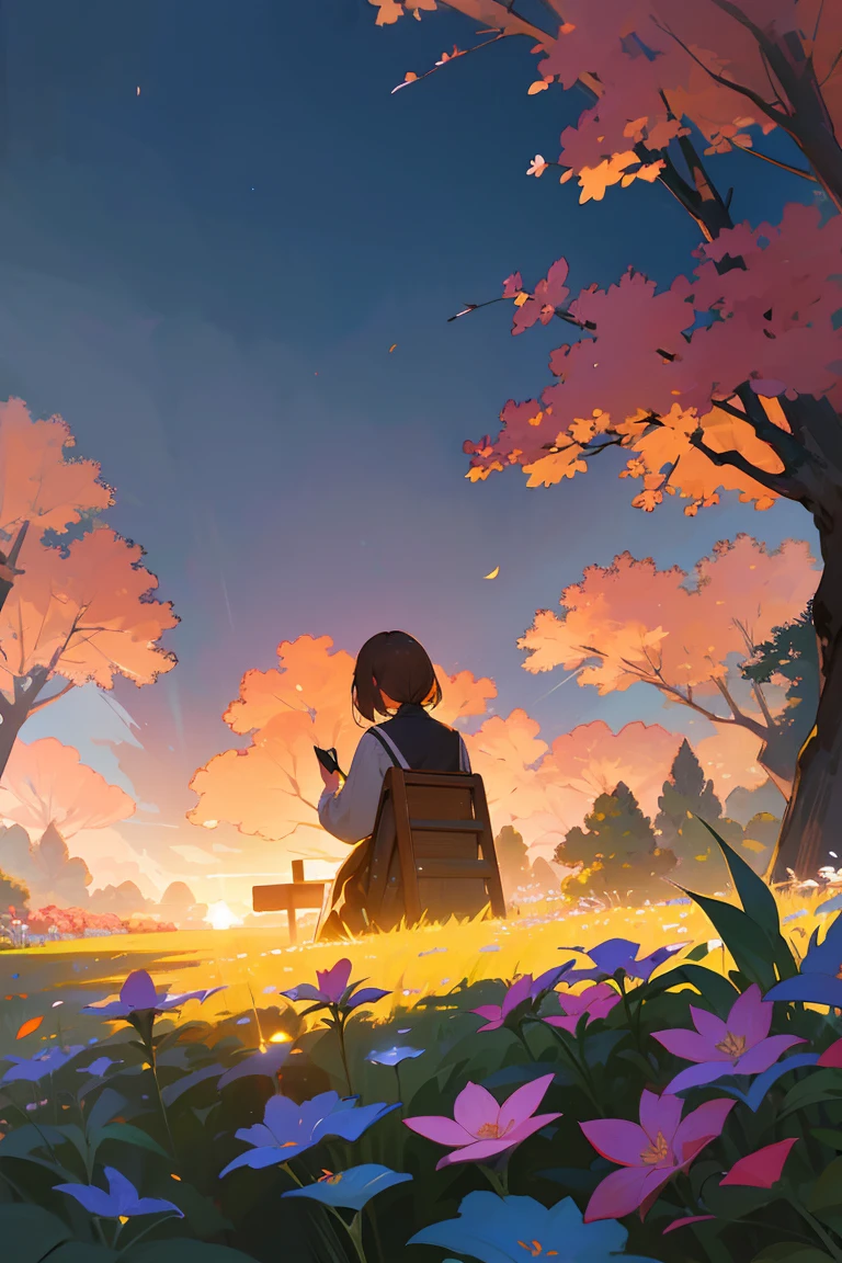 On a beautiful morning,The sky is full of morning glow, A teacher with a back holds chalk and writes on a blackboard. The blackboard is filled with colorful chalk words. The scene is illuminated by the warm glow of the rising sun, Charming background in orange and pink tones.Light,In a beautiful garden,A variety of flowers and plants are in bloom.,The garden is soft and vibrant in colours.,The garden has manicured hedges and neatly arranged flower beds. The whole scene is full of serenity and artistry, Image quality to the highest standard, With excellent detail and clarity. The lighting in the scene is perfectly balanced, Emphasis on teachers and blackboards, It also highlights the natural beauty of the flowers and the warm glow of the sun. This masterpiece blends traditional illustration techniques with modern digital rendering, Produce a unique and captivating artistic style. The colors in the image are vivid and vivid, The overall lighting creates a soft and diffuse atmosphere,。