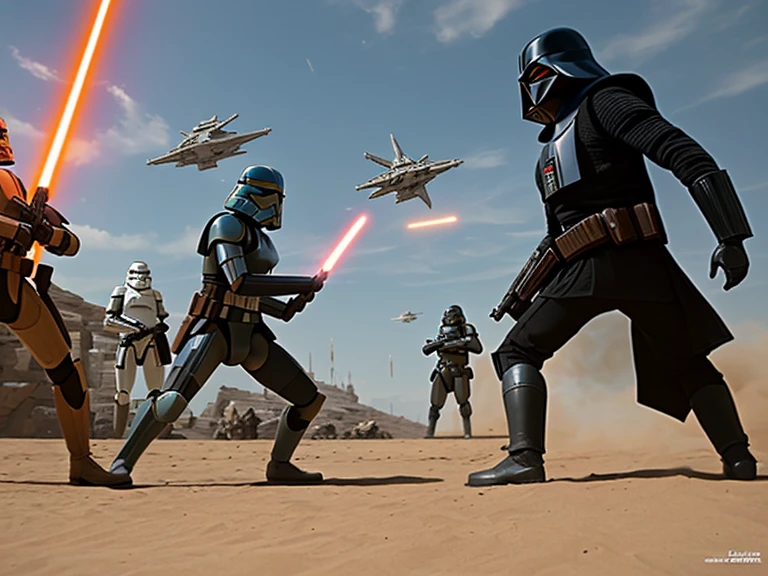 Bataille entre quatre soldats clones de Star Wars, un clone rouget et un clone jaune contre Boba Fet et anakyne Skywalker.  In an epic battle and explosions