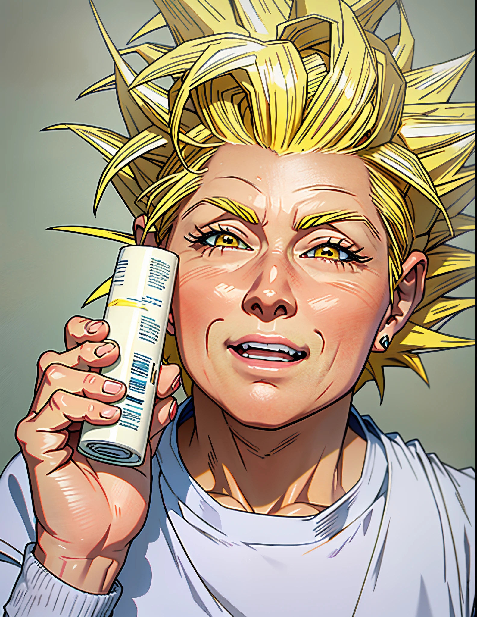 older woman holding a tube of toothpaste in front of her face, super saiyan,(blond hair:1.5), ((yellow hair:1.5)),super saiyan goku, super sayan, super sayian goku, super saiyan 3, going super saiyan, dragon ball concept art, dragon ball artstyle, 4 k manga wallpaper, goku from dragon ball, an epic anime of a energy man, 4k anime wallpaper,smile,