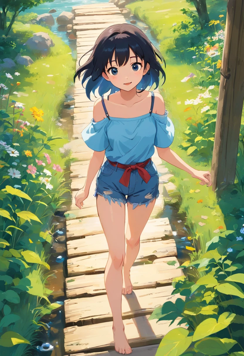 tmasterpiece, Best quality at best, ultra - detailed, The best shadow, beautiful detailed face, 美丽细致的眼睛, hight contrast,(Face focus:1.3, eye closeup:1.3), (((in style of hayao miyazaki))),(((Guibli))),((quadratic element)),((2 girls)),Water,Stroke,((gleeful)),(Barefoot),play,playing water,splash of water,River side,small town,River side,butterflys,black color hair,Golden pupils,Loose white sleeveless navel-baring off-shoulder T-shirt,Blue ripped denim shorts,Black tactical belt,(wood planks),nature elements,Detailed description,plethora of colors,Vivid image,Emotional expression,Unique angle,vibrant contrast,Cosy atmosphere,Quiet feeling,Free and comfortable,A gentle breeze,The sun shines,Early morning view,Amazing scenery,Soft light,Clear streams,Flowers bloom,with blue sky and white clouds,Green grass,Cheerful birdsong,between fields,small bridge flowing water,Beautiful picture,Moments of tranquility,Living in harmony,naturalbeauty,Take a leisurely walk,Refreshing,Pleasant atmosphere,An idyllic atmosphere。