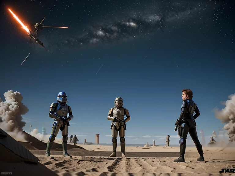 Bataille entre quatre soldats clones de Star Wars, un clone rouget et un clone jaune contre Boba Fet et anakyne Skywalker. In an epic battle and explosions