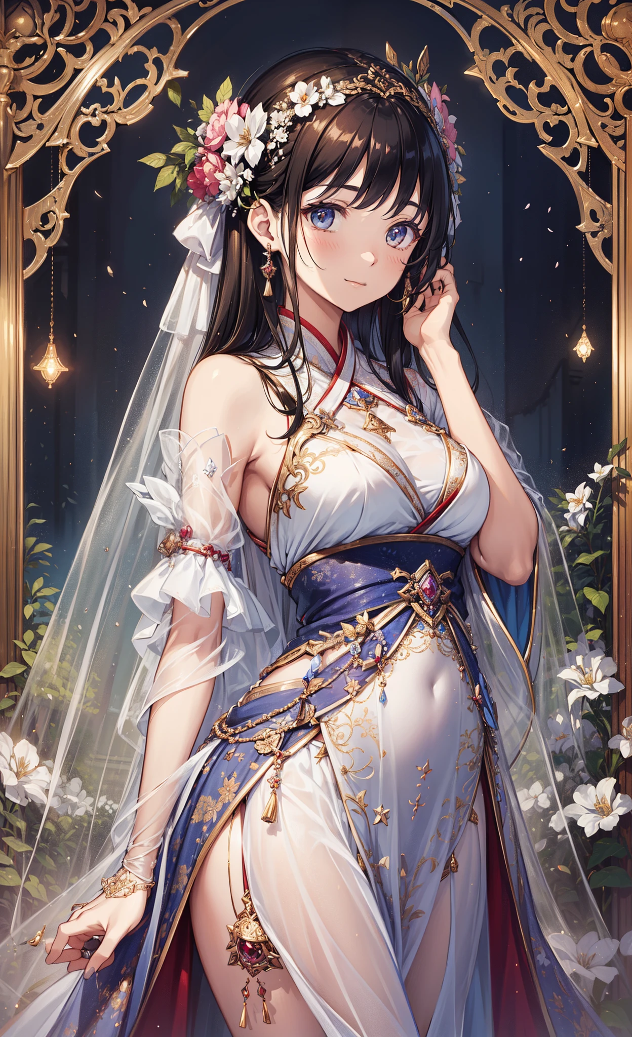 (tmasterpiece), ((Best quality)),(offcial art),(Beautiful indulgence:1.2),(a skirt),(1 girl: 1.3), Beautiful girl wearing densely designed hanfu,having fun,ssmile,sheer transparent clothes, sealed in a crystal, Beautiful woman who grew up with trees,Receive seal crystal. Midnight moonlight,it emits a faint light. Detailed depiction of the. vivd colour. Colorful, highest details ((super detailing)),(highly detailed 2D illustration),((very delicate beautiful))super detailing,Exquisite and beautiful black eyes