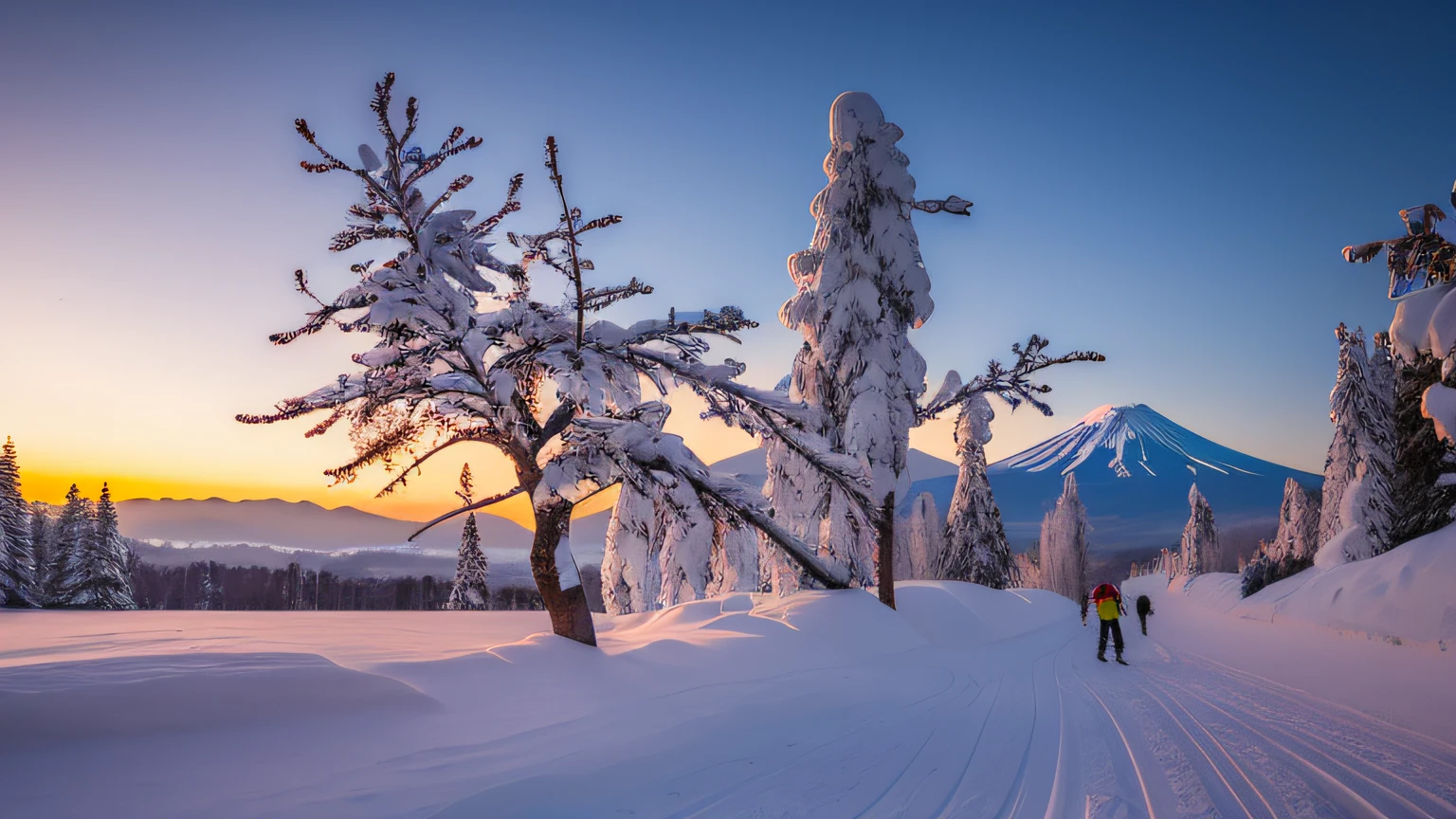 At sunset,Skier walking in snow, sunrise on snowy mountains. Fuji, beautiful snowy landscape, Snowy mountains at sunrise, winter setting, beautiful winter area, snow landscape, snow landscape, winter landscape, Winter scenery outside, winter atmosphere, Winter scenery outside, warm beautiful scene, Snowy winter, sunny winter day, cold sunset, mystic winter landscape