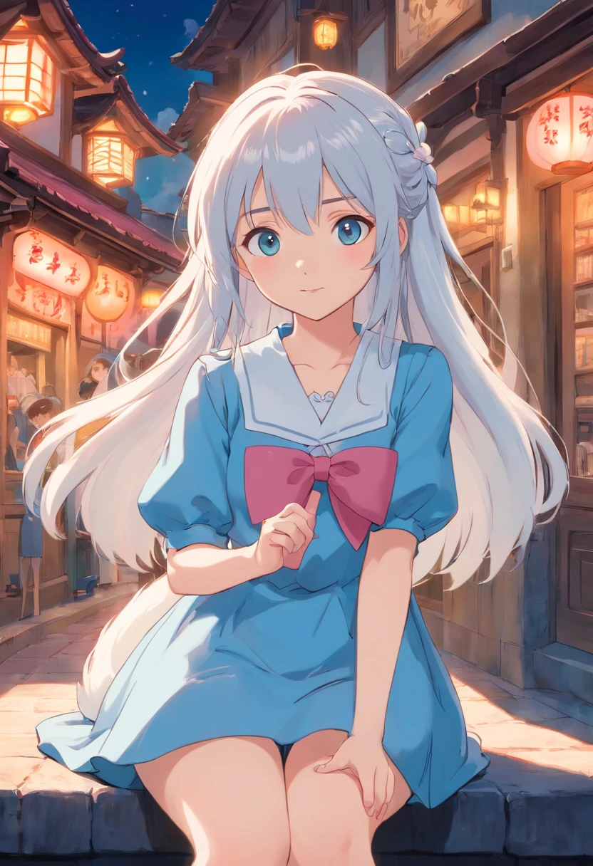 silver-white long hair,Pink eyes,blue lolita,The face is shy,show legs,SakuraNS,The most beautiful picture,A masterpiece,Extreme light and shadow,sophisticated haircut,Delicate portrayal of facial features,Eau,a beauty girl