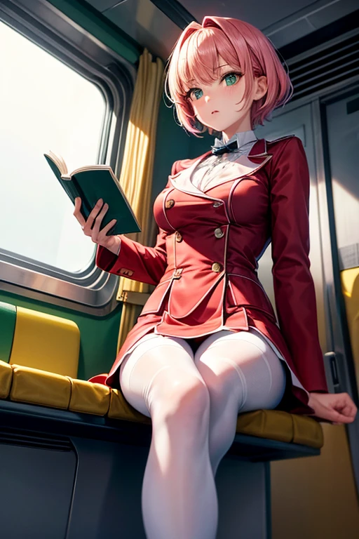 hi res, masterpiece, 8k, girl, ite body with big bust, pink short hair, green eyes, pure face, curious expression, question expression, mouth open, red coat, white shirt, red mini skirt, white pantyhose, sit with leg crossed, in train, packed with people, reading a book, looking at viewer with curiosity, after the sun has set