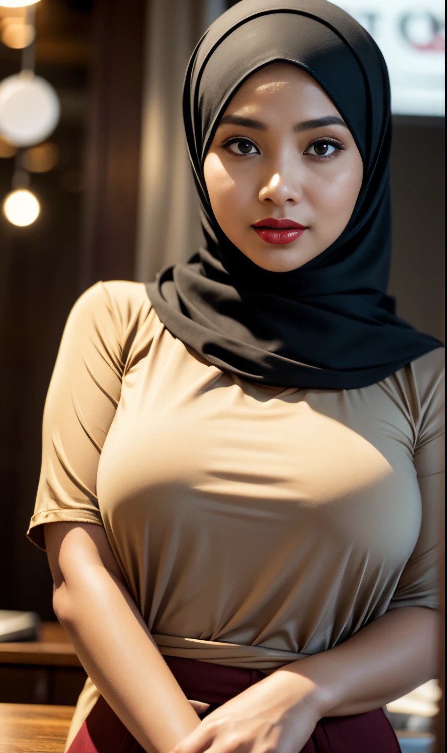 Half body portrait of a 33 years old malay woman sit in front of giant mirror, wearing hijab, wearing peach blouse with satin green slack, narrow waist, indoor shot, looking up at coffee shop sign, soft lighting, smirk face, circle bokeh , big breast, catwalk, morningtime, surrounded by a comfortable, cool atmosphere, looking at the viewer. (Skin details:1.3), hairy hands, Hijab, slim, red lips, seductive with bokeh camera background