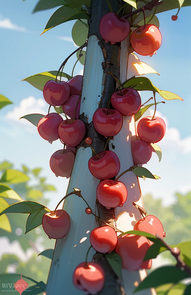Wallpapers, poster, fruit, (several fresh cherries), moist, summer, blue sky, white clouds, HD Detail, Moist Watermark, Ultra Detail, Movie, Hyper Realism, Soft Light, Deep Focus Bokeh, Ray Tracing, --niji 5