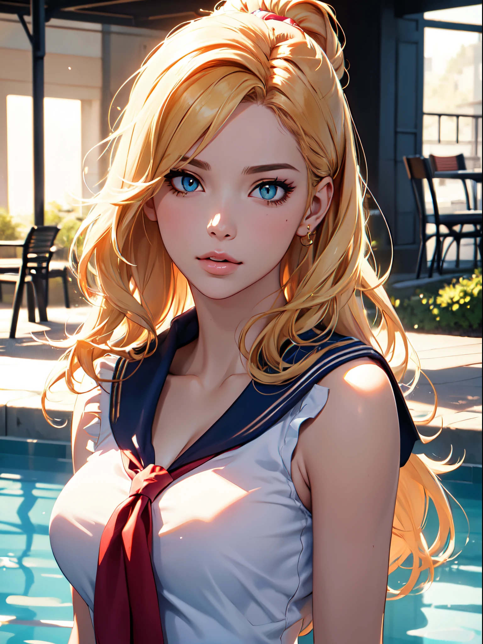 close up of upper body, (large breasts), (cleavage), ((Smooth texture, Realistic texture, Photorealistic)), (Detailed beautiful eyes, Beautiful eyelashes, emerald eyes), blonde medium hair, extremely detailed CG unified 8k wallpaper, very fine 8KCG wallpaper, (masterpiece, Best Quality), High resolution, Ultra-detailed, ultra-sharp, 1 woman, at poolside, ((( shee rwhite sailor shirt, Sleeveless, Open front))), (Beautiful face, Cute face, Detailed face), (((Sunny))), Perfect Eyes Eyes