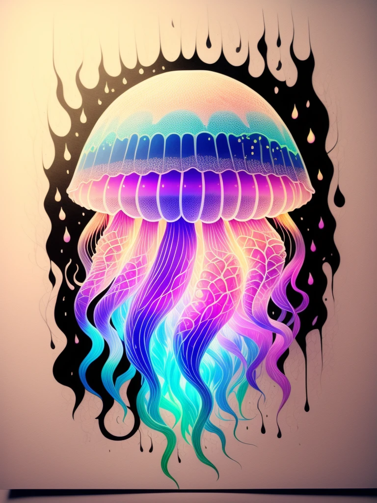 Colorful jellyfish drawing isolated on black background,, Breathtaking rendering, in a radiant connection, inspired by Kinuko Y. commerce,, magic elements, , pleura, is beautiful, Cast colorful spells, Bright flash, The Flash