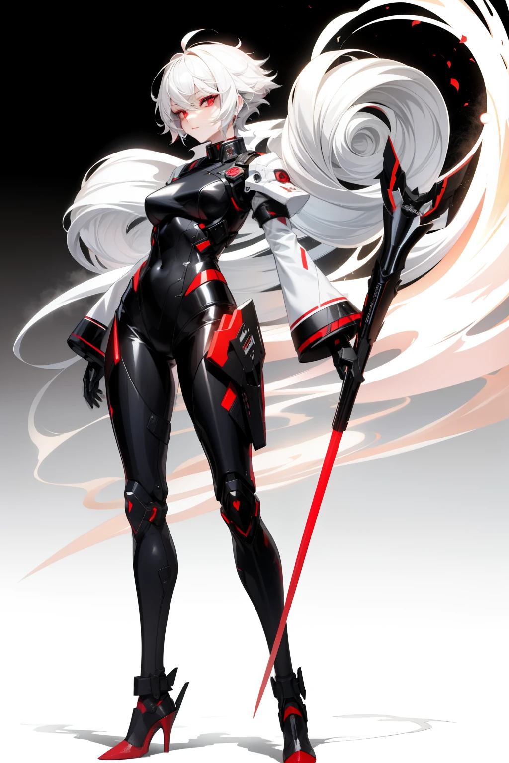 cute girl, Short white hair and light white smoke coming out of it, Red eyes, black clothes, full body, Smoke coming out of her hair like an incense stick, sexy body, sexy,