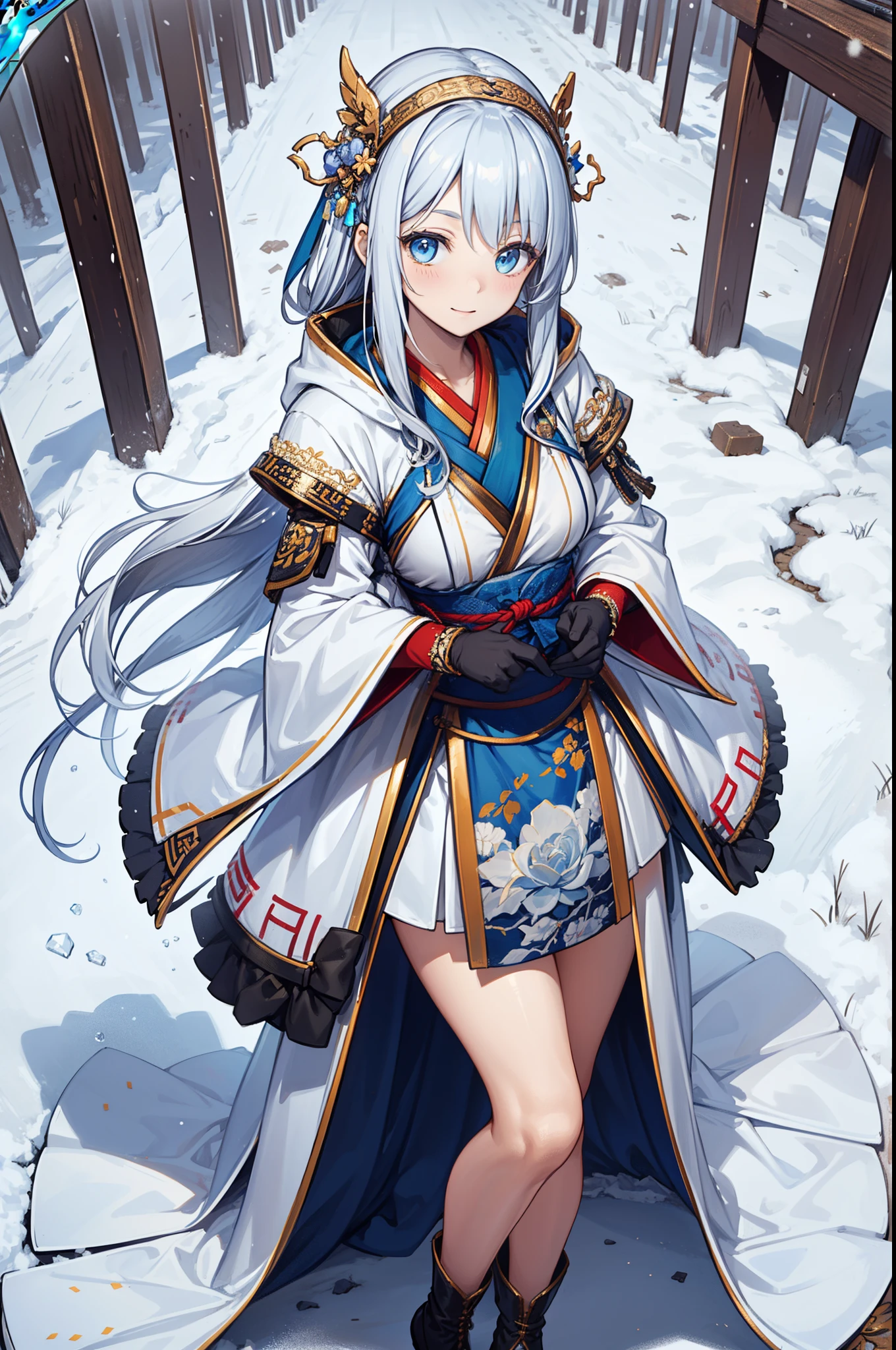 saints,Holy,having fun,(Pure white Hanfu winter coat:1.2),boot,mitts,Large long skirt,(Hooded:1.3),(Lots of plush ones:1.1),(Silver hair:1.1),eBlue eyes,(Many ornaments made of ice:1.1),Light purple pattern,Light blue edges,Maximalism,Ruffles,Lace,delicate embroidery,delicate patterns,(Beautifully dressed),The background is the Ice Palace,(Blizzarding),the only person,beautiful detailed face,Obsessed,heated
