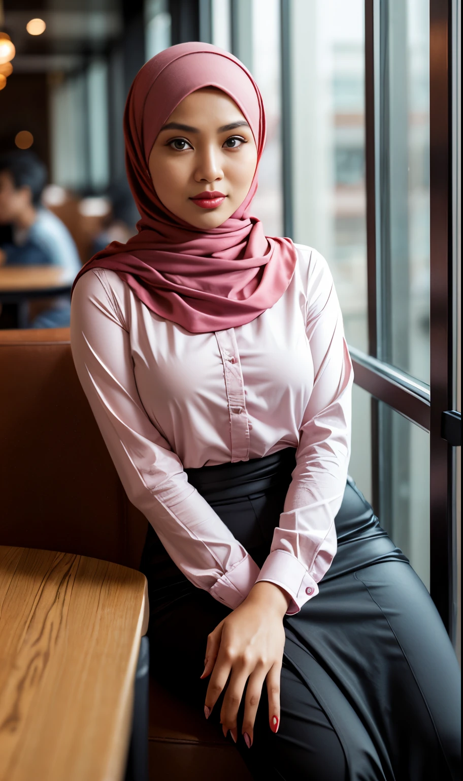 Half body portrait of a 33 years old malay woman sit in front of giant mirror, wearing hijab, wearing pink blouse with satin green slack, narrow waist, indoor shot, looking up at coffee shop sign, soft lighting, smirk face, circle bokeh , big breast, catwalk, morningtime, surrounded by a comfortable, cool atmosphere, looking at the viewer. (Skin details:1.3), hairy hands, Hijab, slim, red lips, seductive with bokeh camera background