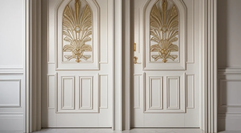 a white door，The door is closed，The subject is this door，The door is very beautiful and ornate，white backgrounid，realistic illumination，White floor，White walls