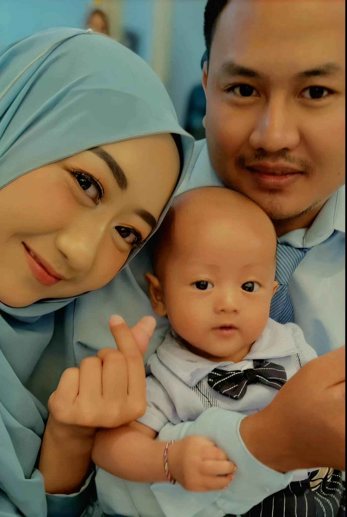 there is a man and woman holding a baby in a room, with a kid, close up potrait, post processed, high quality upload, captured on iphone, by Basuki Abdullah, post-processed, very clear picture, post processed denoised, husband wife and son, colored photo, potrait, with ivy, 😃😀😄☺🙃😉😗