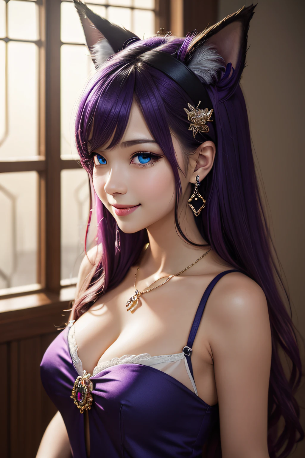 ((masutepiece)), ((Best Quality)), (Ultra-detailed), ((kawaii)), Cute, (lovely), ((Sexy)), (Ero), ((Extremely detailed)), 4K, (8K), Best Quality, (Beautiful), Illustration, Dynamic Angle, Upper body, sacred place, Pretty women, Solo, Witch, Beautiful purple hair, Beautiful blue eyes, ((Beautiful eyes)), Fox ears, Hair ornaments, earrings, Necklace, Smile, luminous effect, shiny