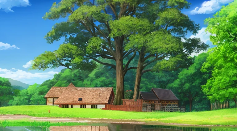 Scenic forests and small villages,There is an ancient well in the village,Reflected in the blue sky and white clouds。