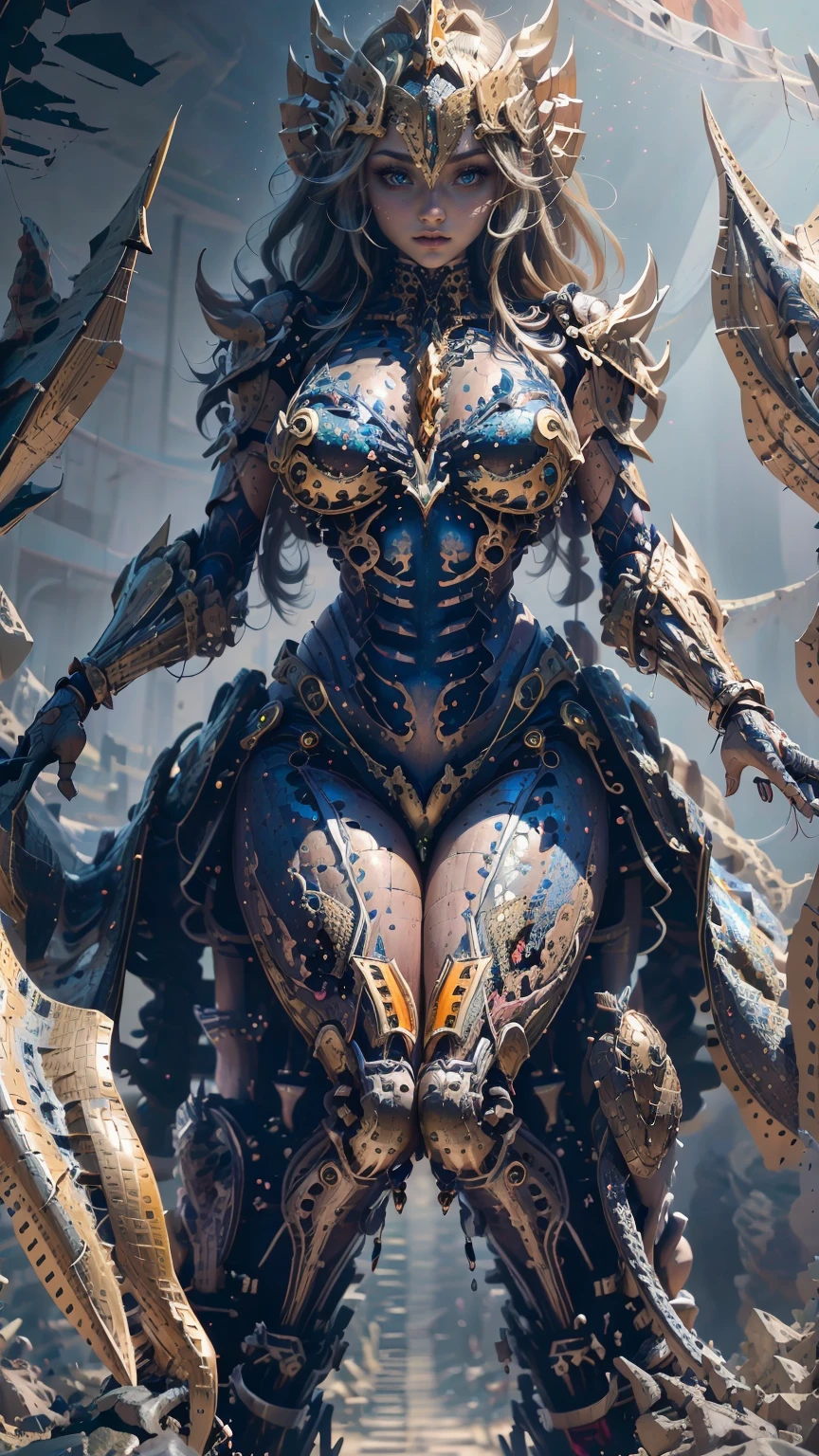 Meji: (tmasterpiece), Wearing a full set of golden knight armor, top-quality, Expressive eyes, It's a perfect face, Blue skin, scales on legs and arms, dragon girl, Water magic, palm casting, 8K_Wallpapers, highly details eye,  The body details are very rich, very detailed fingers, (Huge digital art masterpiece), (Detailed manga illustrations), (detailed line art), (perfect pubic bone)) perfect anatomia, best hand)), (Complicated details: 1.3), (The content is very detailed:  1.3 ), (Lighting:1.3), (Focus sharp:1.3), (Natural soft light:1.05), (vibrant with colors:1.3),