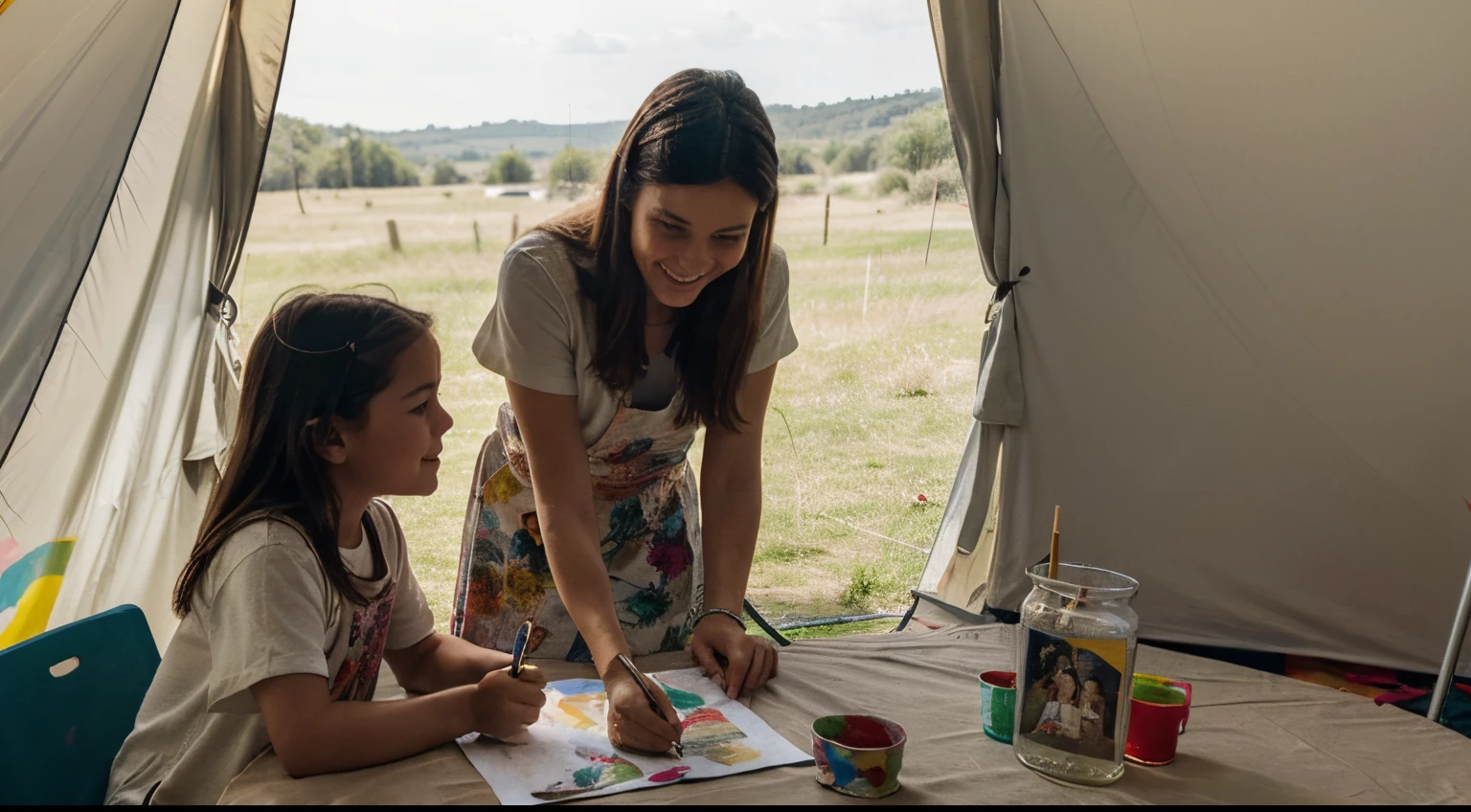 In the tent,The daughter,are standing,the painted picture,take it out from the table,show to mother,Mom smiled happily,There are other children drawing on the table in the distance