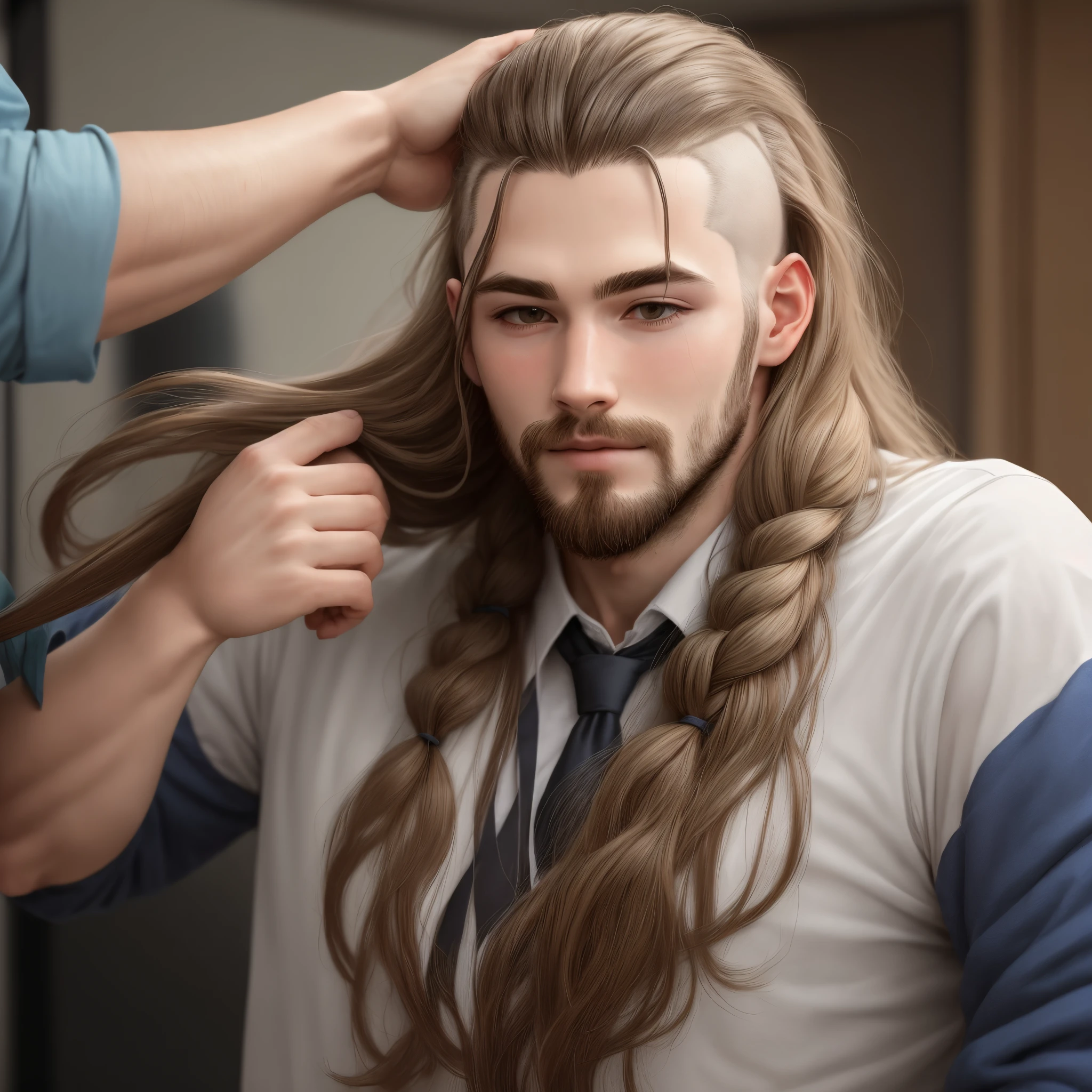Man with extremely long hair getting his head shaved.