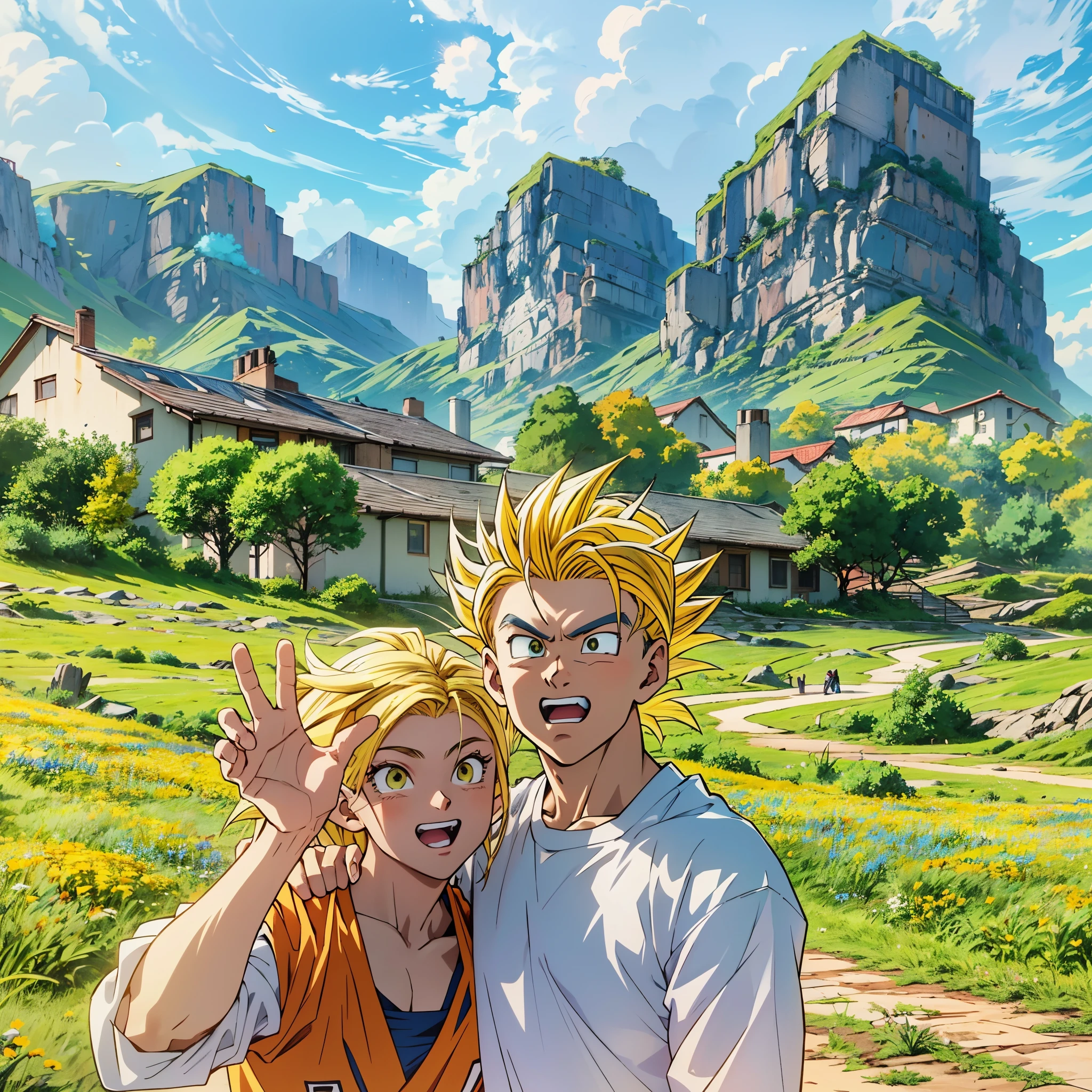 there are two people standing in a field with mountains in the background, super saiyan,(blond hair:1.5), ((yellow hair:1.5)),super saiyan goku, super sayan, super sayian goku, super saiyan 3, going super saiyan, dragon ball concept art, dragon ball artstyle, 4 k manga wallpaper, goku from dragon ball, an epic anime of a energy man, 4k anime wallpaper,smile,