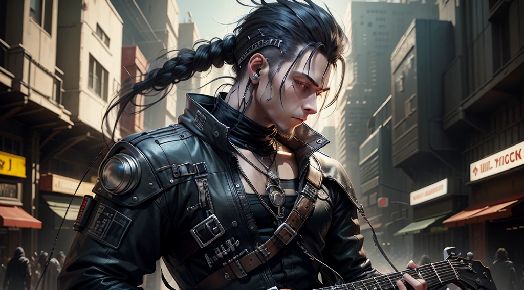 A man playing electronic guitar with a viking's hairstyle, black hair and sidecut hair, a cyberpunk city