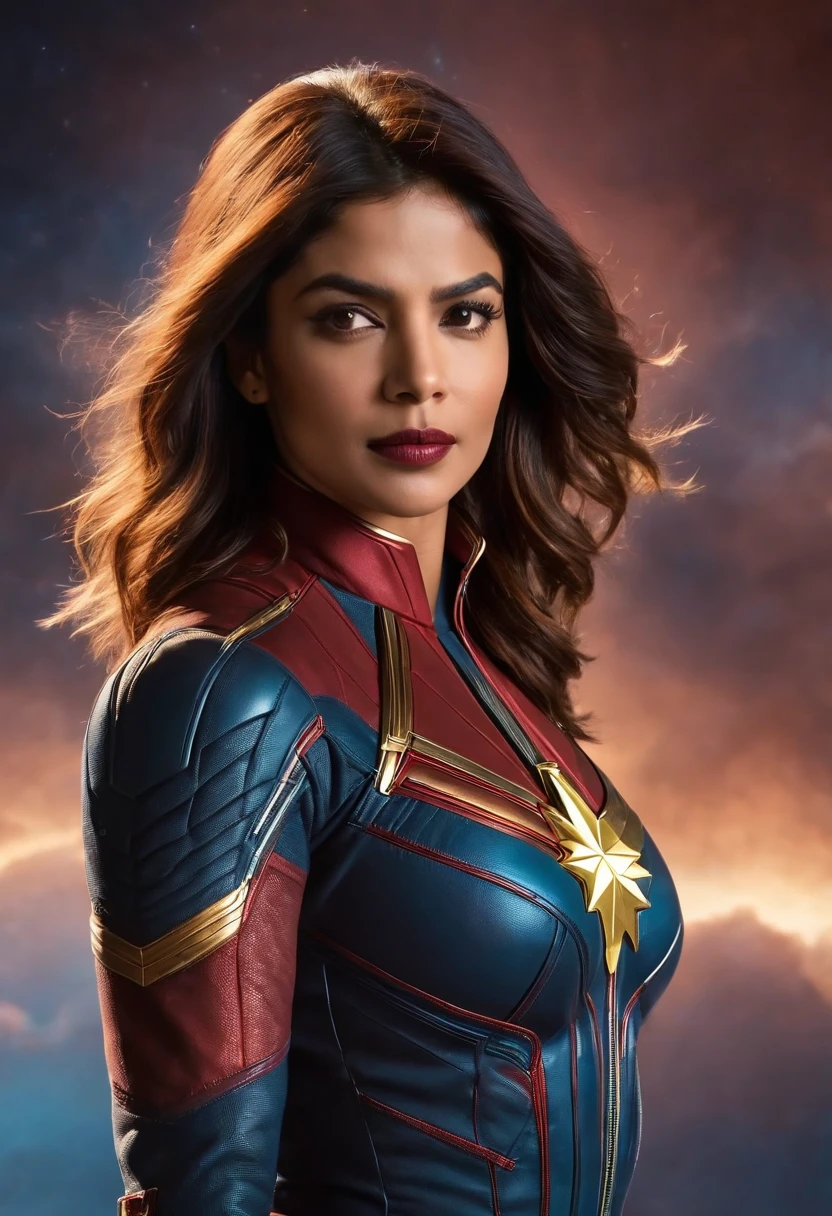 [+1.5] Priyanka Chopra as Captain Marvel, soaring through the vastness of space, with her commanding presence and stunning realism.