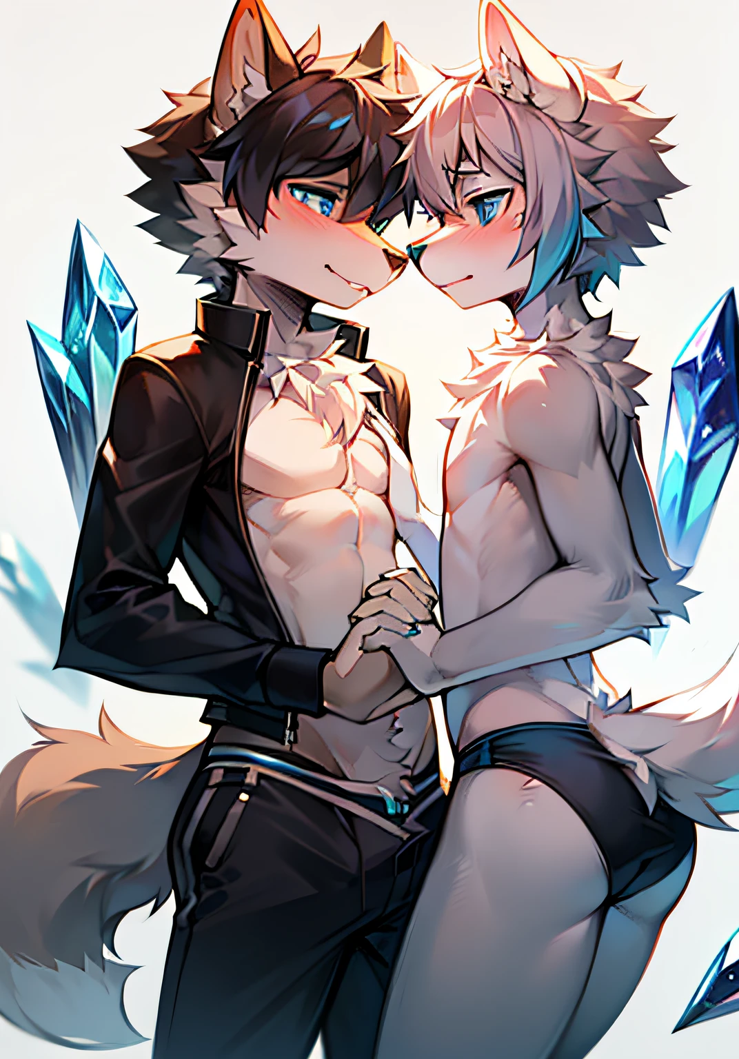 hairy pubic,Wolf Boy,White fur,crystal blue eyes,single furry tail,whaite hair,Short hair details, Taut Underwear, Touch your crotch with both hands.