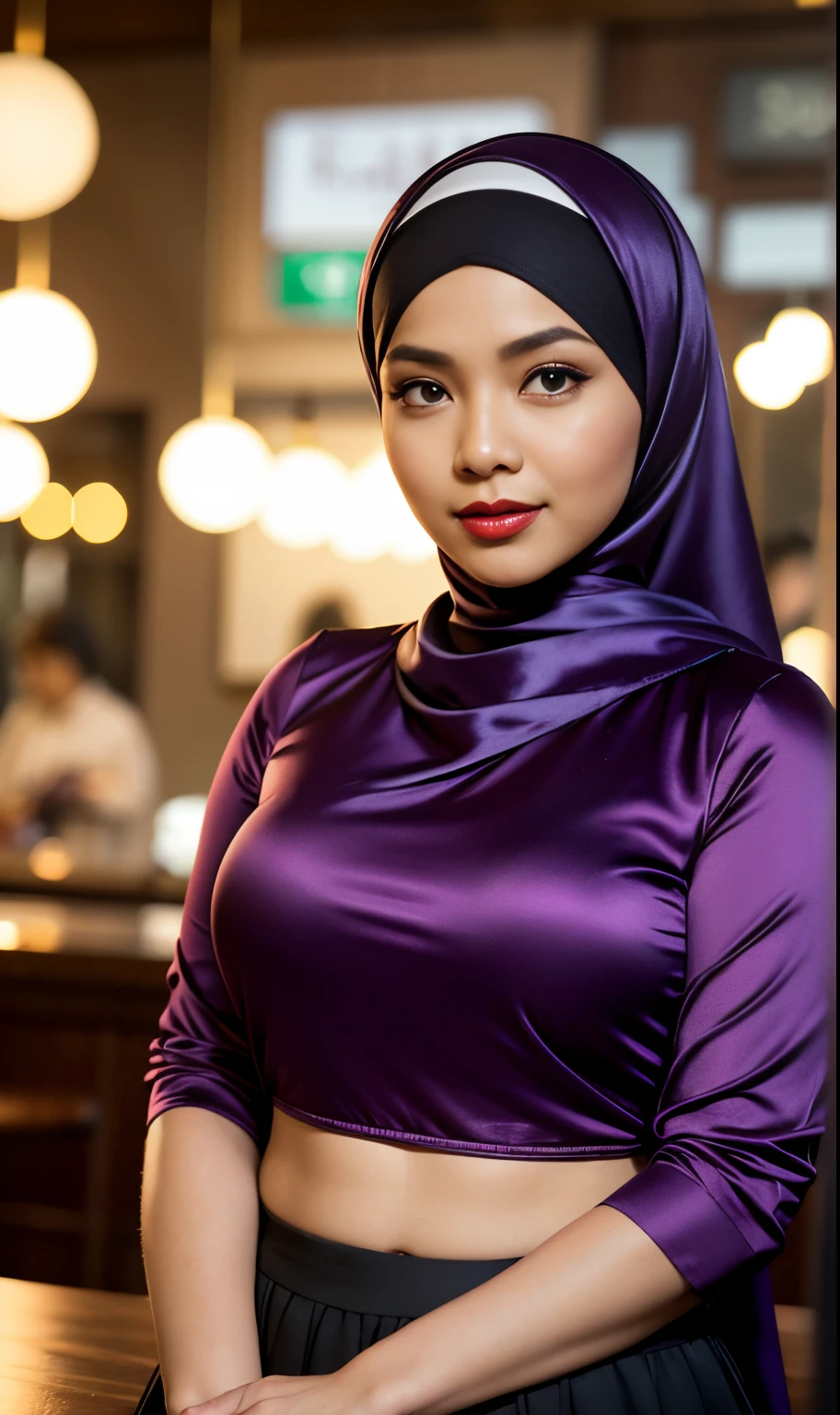 Half body portrait of a 33 years old malay woman sit in front of giant mirror, wearing hijab, wearing a fit purple satin blouse with satin green slack, narrow waist, indoor shot, looking up at coffee shop sign, soft lighting, smirk face, circle bokeh , big breast, catwalk, morningtime, surrounded by a comfortable, cool atmosphere, looking at the viewer. (Skin details:1.3), hairy hands, Hijab, slim, red lips, seductive with bokeh camera background