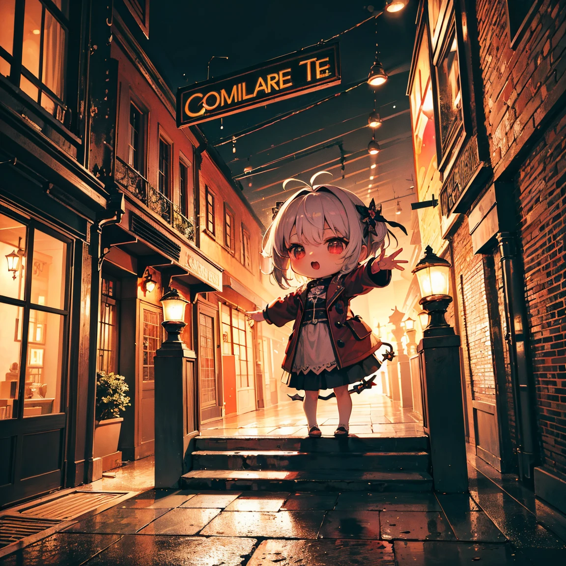 [((masterpiece, best quality:1.4)), (((extremely detailed))), sharp image:1.4, (high quality, highres:1.4)], 1girl, chibi:2, haunted theme park, haunted by chibi ghosts, cute:1.4, whimsical, glow, glowing, fun, silly, mystical, monster, small, little girl