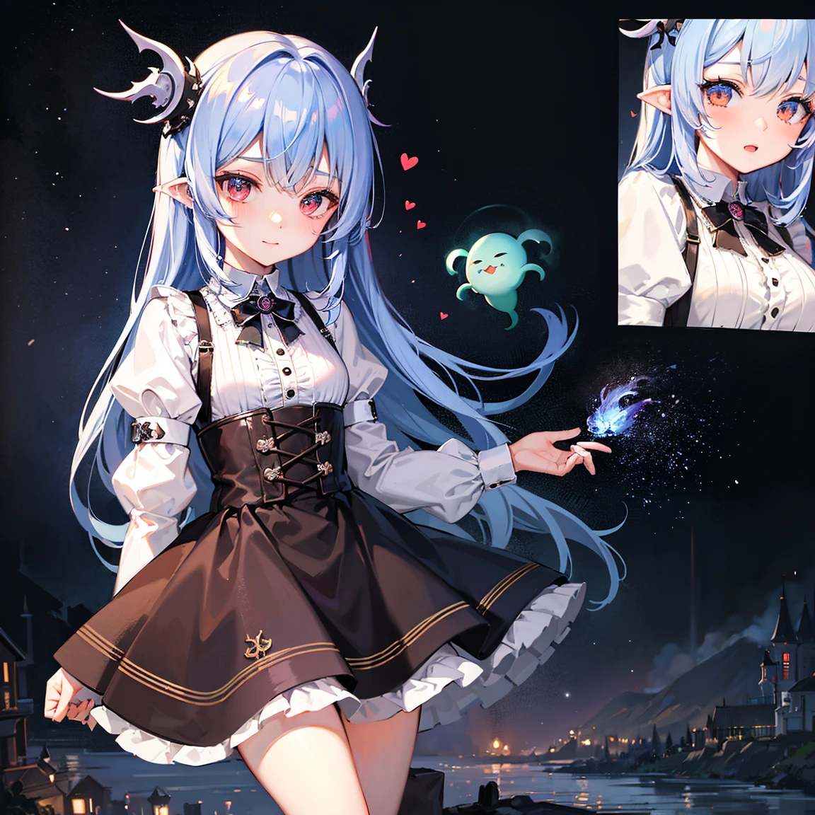 [((masterpiece, best quality:1.4)), (((extremely detailed))), sharp image:1.4, (high quality, highres:1.4)], 1girl, chibi:2, haunted theme park, haunted by chibi ghosts, cute:1.4, whimsical, glow, glowing, fun, silly, mystical, monster, small, little girl