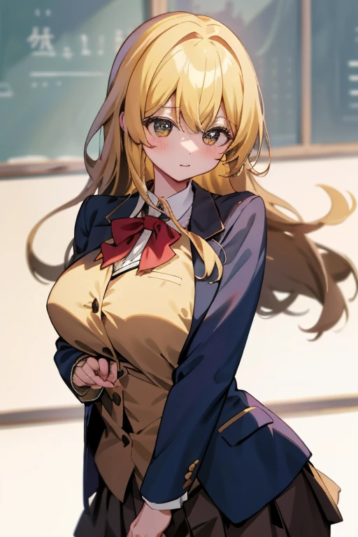 (8K、top-quality、top-quality、masterpiece、ighly detailed: 1.2)、 1 人、The upper part of the body、femele、full of shyness、I'm surprised、at noon、 head-on、blonde hair、a blond、he is wearing a blazer、Clothes are exposed.、in school uniform、Pupils、Breasts are big、Colossal tits、Hugging、Composition from the boyfriend's perspective