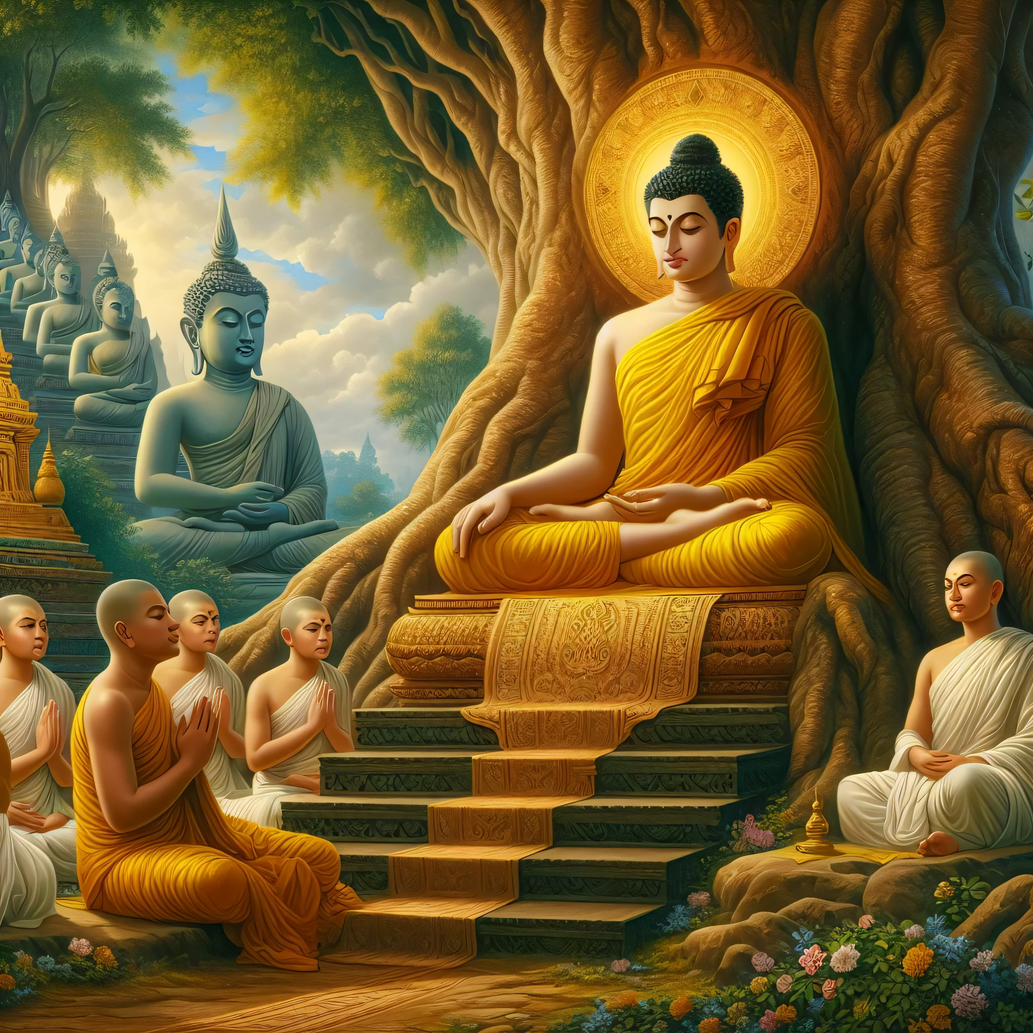 buddhas sitting in meditation under a tree with a buddha statue, buddhism, buddhist, on path to enlightenment, the buddha, on the path to enlightenment, buddhist art, hindu stages of meditation, enlightenment. intricate, buddha, beautiful depiction, spiritual enlightenment, golden sacred tree, buddhist architecture, by John La Gatta, by Kerembeyit, enlightenment, thailand art