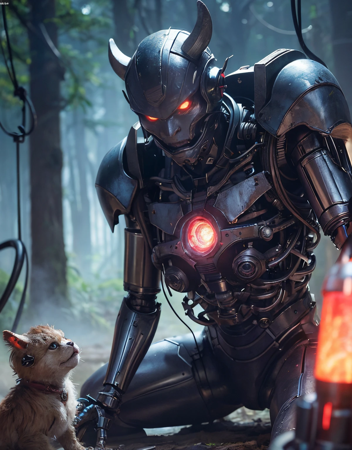 (1 Mechanical Girl)、top-quality、​masterpiece、超A high resolution、(Photorealsitic:1.4)、Raw photo、女の子1人、Fight mutants、glowy skin、(((1 Mechanical Girl)))、With a beautiful knife、（Red Metal Bodysuit）、(Fight goblings、ogre、Fierce battle with orcs),（Fight fiercely against aliens）、Fight fiercely、(beautiful forest background)、(Fighting Demonic Beasts)、(Small LED)、((super realistic details))、portlate、(Strong giant demon beast background),globalillumination、Shadow、octan render、8K、ultrasharp、Colossal tits、Raw skin is exposed in cleavage、metals、Details of complex ornaments、Japan details、highly intricate detail、Realistic light、(Mystical expression),CGSoation Trends、Blue eyes、radiant eyes、Facing the camera、neon details、(Mechanical limbs)、(blood vessels connected to tubes)、(Wires and cables connecting to the head)、Small LED、,Mechanical thighs、Toostock、（Hands are also made of machines）、（Attack of the Monster Beasts）、