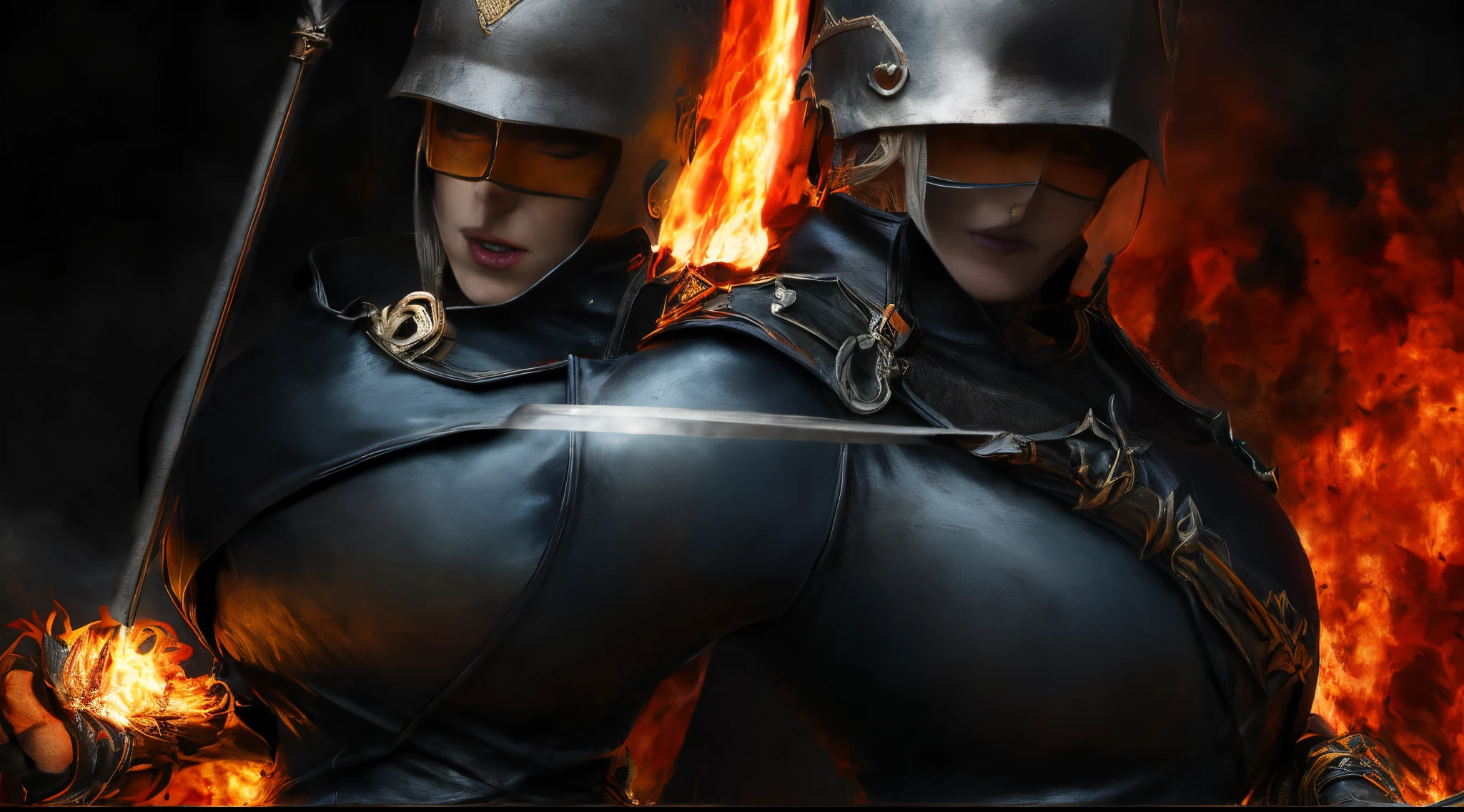 Dark fantasy female knight with flaming sword and a face on her helmet