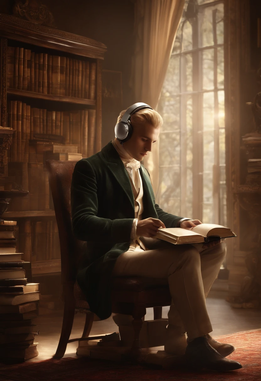 The image is of Ominis Gaunt sitting in his study, holding a Braille book and listening to an enchanting audiobook through his enchanted headphones.,original,Ominis is of average height and quite thin. His skin is very pale but he has a beauty marks. His hair is blonde and swept back. He is blind and his eyes are milky from his blindness. , male