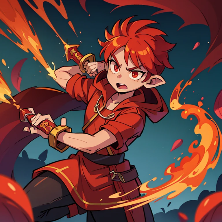 Fiery Magister. He is dressed in a lush cloak of fiery silk and precious stones. He has red hair, which seem to be on fire, and eyes, filled with fiery passion. Aurelius wields a sword, covered in flames, and can create fire whirlwinds, to defeat your opponents.
