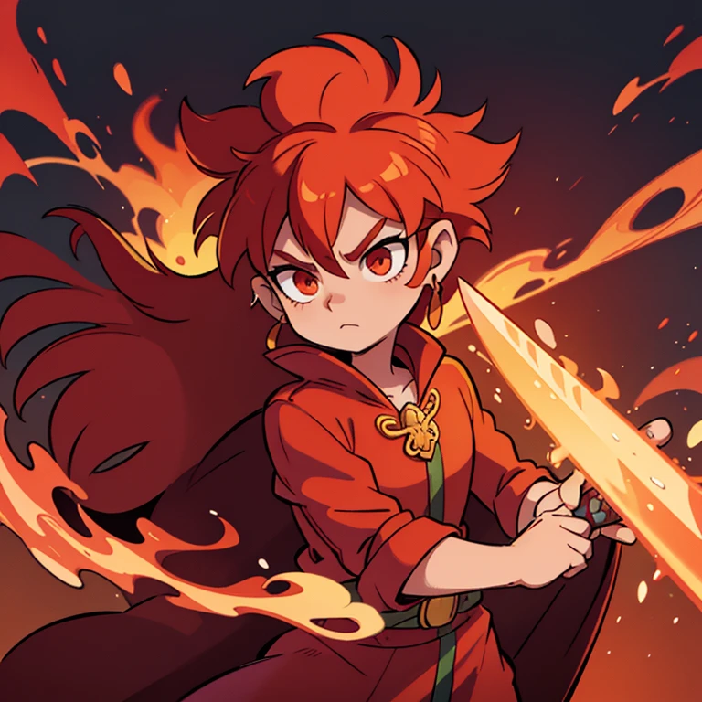 Fiery Magister. He is dressed in a lush cloak of fiery silk and precious stones. He has red hair, which seem to be on fire, and eyes, filled with fiery passion. Aurelius wields a sword, covered in flames, and can create fire whirlwinds, to defeat your opponents.
