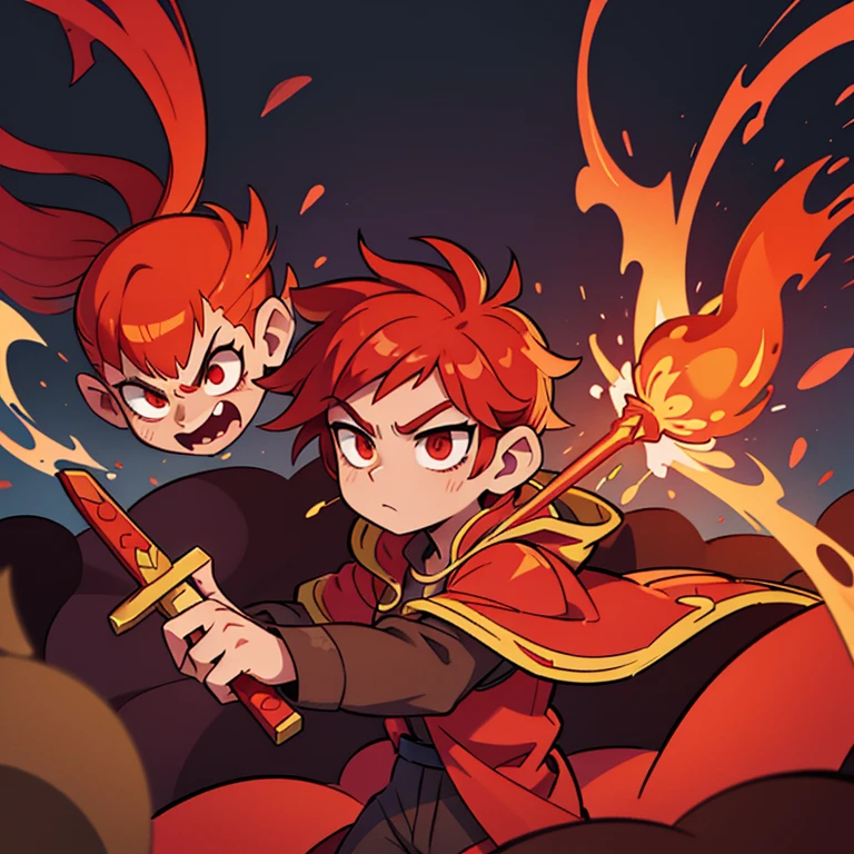 Fiery Magister. He is dressed in a lush cloak of fiery silk and precious stones. He has red hair, which seem to be on fire, and eyes, filled with fiery passion. Aurelius wields a sword, covered in flames, and can create fire whirlwinds, to defeat your opponents.