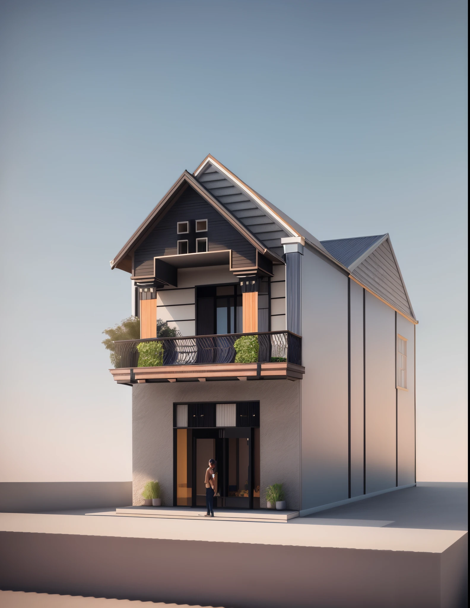 a drawing of a two story house with a balcony and balcony, frontview, front-view, front elevation view, complete house, realistic building, front perspective, 3 d rendering, 3d rendering, rendered 3d model, 3 d rendering!, 3d rendering!, with 3 d render, with 3d render, detailed rendering, an extremely detailed building