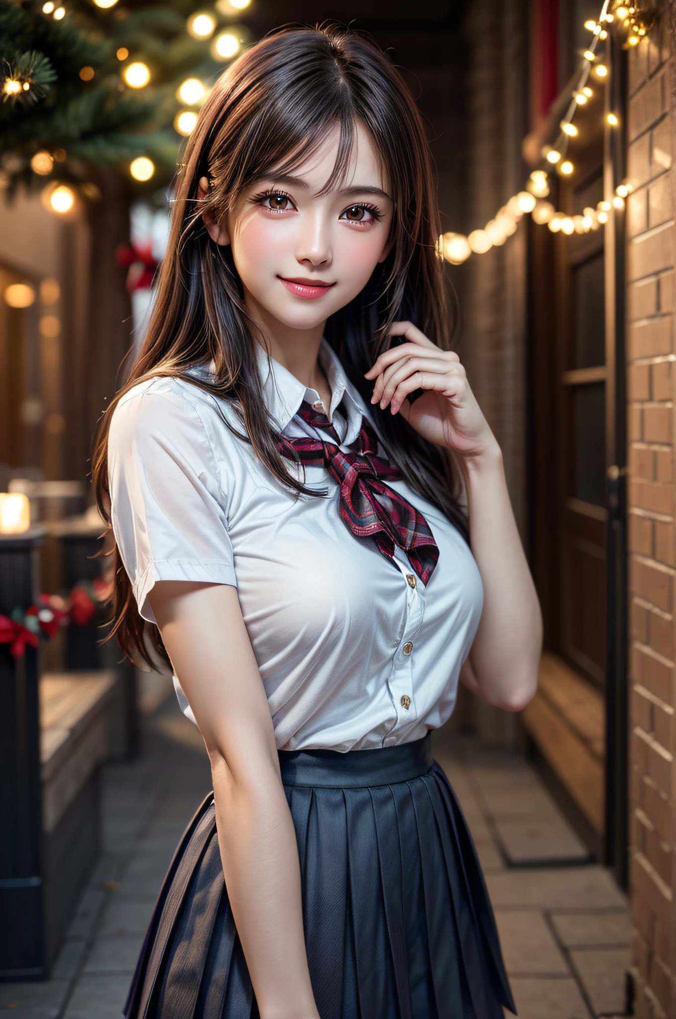 (1 cute girls), Extremely cute, Amazing face and eyes, (Beautiful lovely smile), (extremely detailed beautiful face), bright and shiny lips, (School uniform, Pleated skirt:1.3), (Best Quality:1.4), (hyper quality), (Ultra-detailed), (Hyper-realistic, Photorealsitic:1.37), Authentic skin texture, intricate-detail, extremely detailed CG unified 8k wallpaper, RAW Photos, professional photograpy, Cinematic lighting, Exposing, Christmas tree, Christmas Ornaments, Christmas Decorations, Christmas Lights, christmas lights,