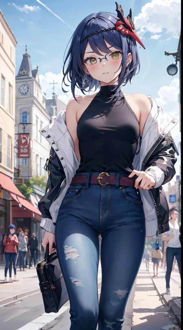Kujou Sara|genshin impact, masterpiece, bestquality,3 girl,young girl, Long Jeans, Wear glasses, purple hair color, long hair in a ponytail,,,,,,,,,,,,,,,,,,,,,,,,unstable _Front,oily shiny skin,flat chest,nice leg line:1.3,thick thighs, thin-waist,, red_streaks_light_wrap_dress, white_platform_sneakers, woven_El_bag, straw_headgear, gold_hoop_earrings, jacket, In a 19th century French town, long jeans city scenery,looking at the audience,From Top:1.2,dynamic angle